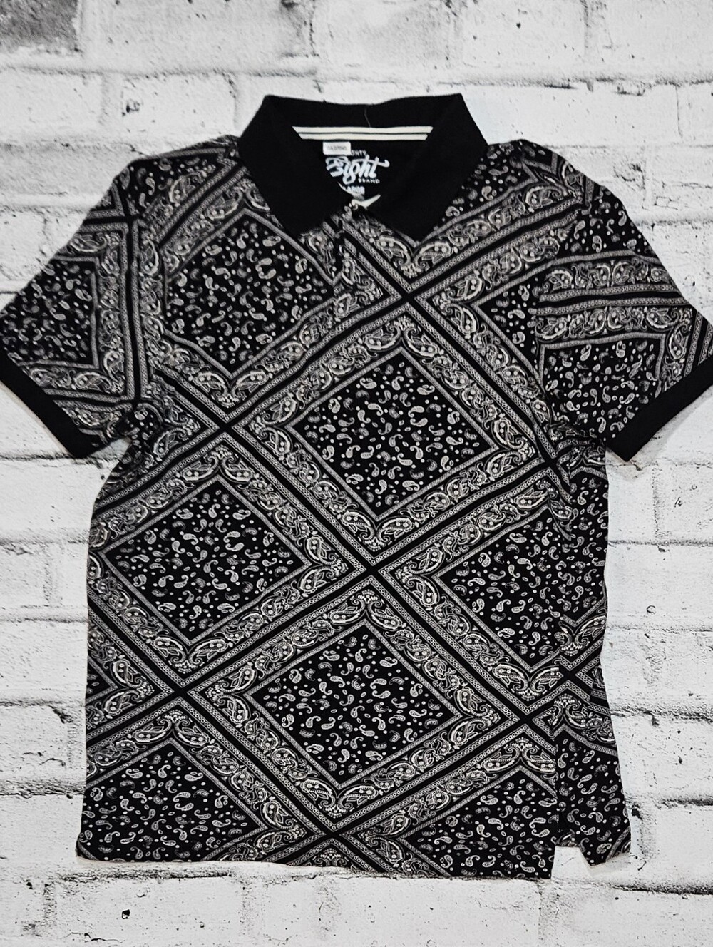 Eighty Eight Brand Paisley Print Polo Shirt Black White Cotton Size Large